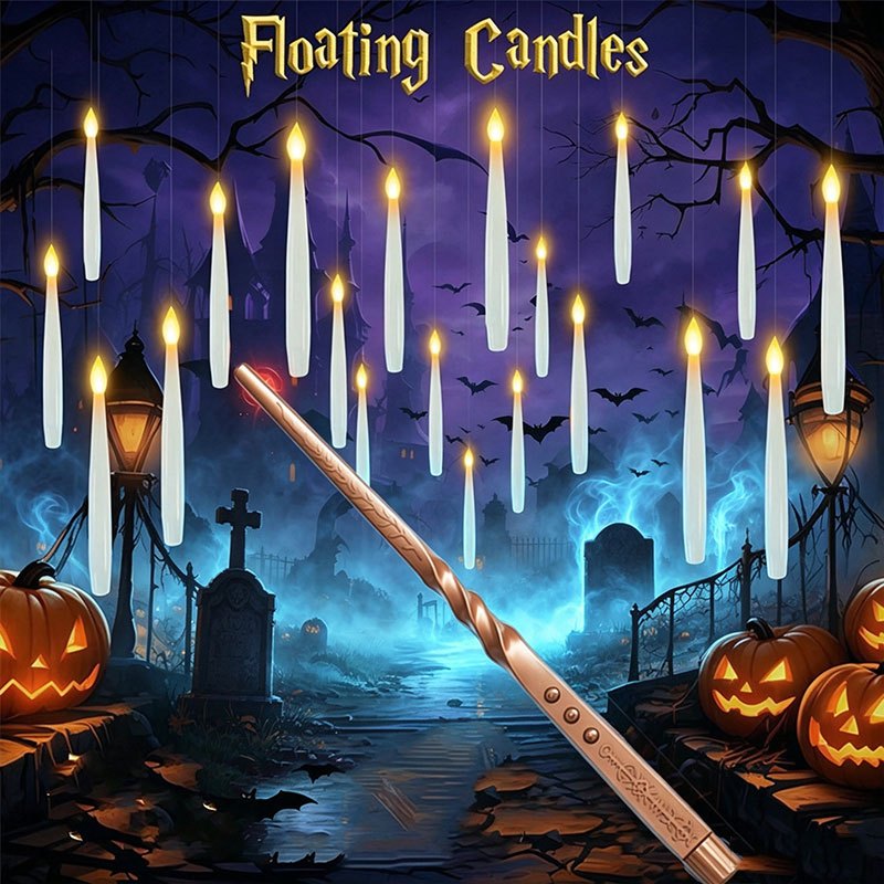 Silk Candle - 魔法のフローティングキャンドル（杖付き）、炎のないLEDハンギングキャンドル、ゆらめく温白色の光、電池式ハロウィンデコレーション